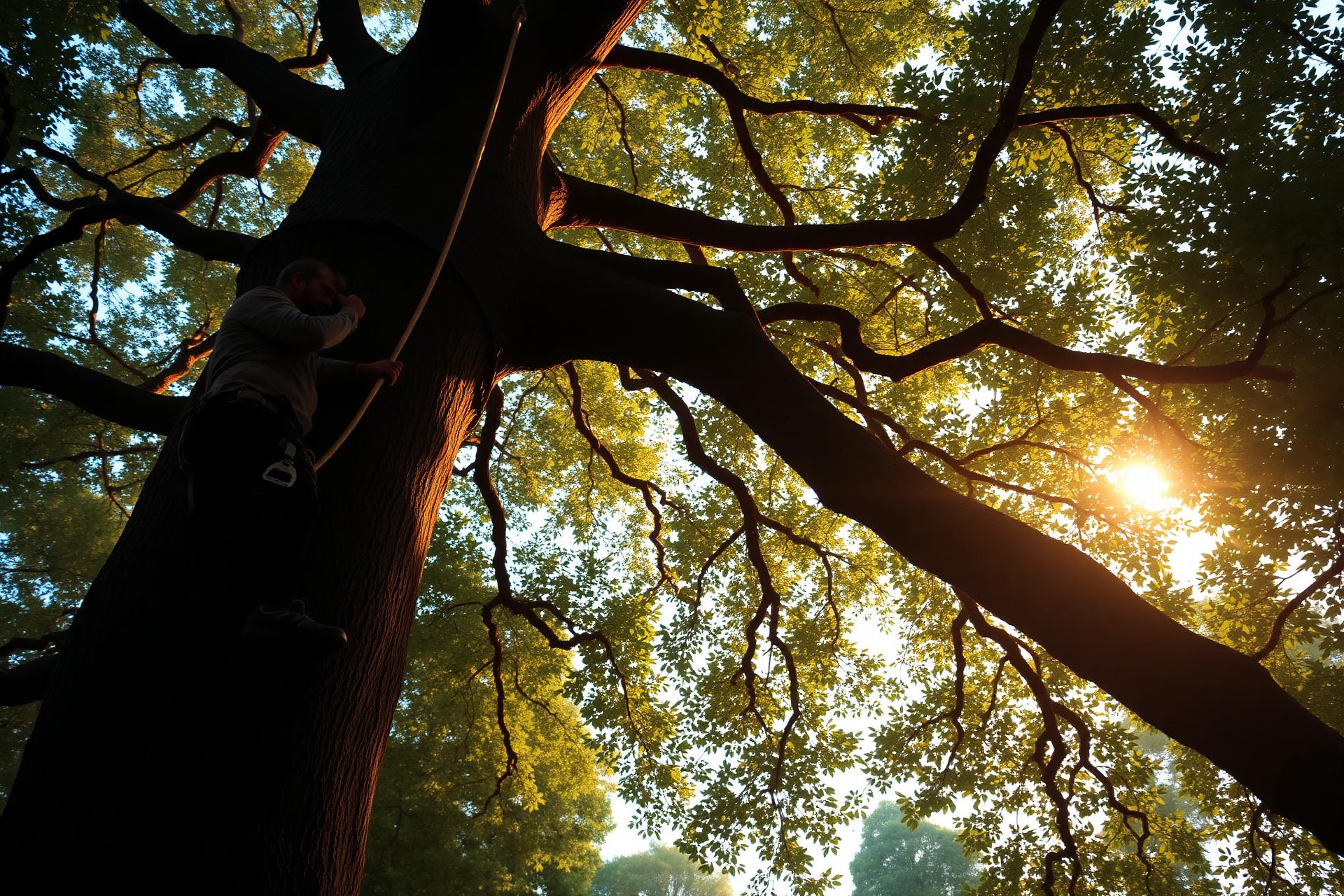 Arborist climbing oak